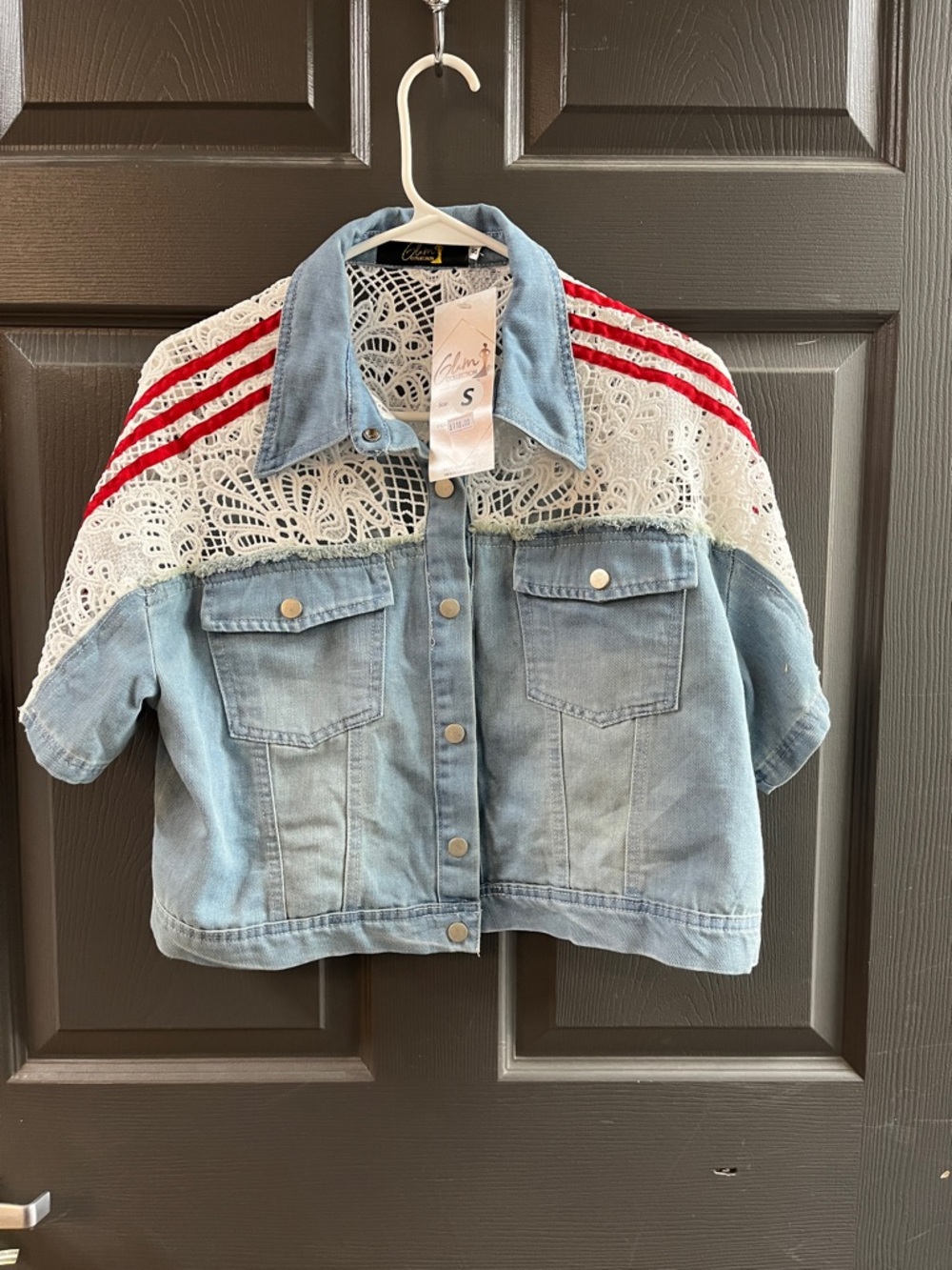 Light Blue Denim Cropped Jacket with White Lace and Red Stripe Detail
